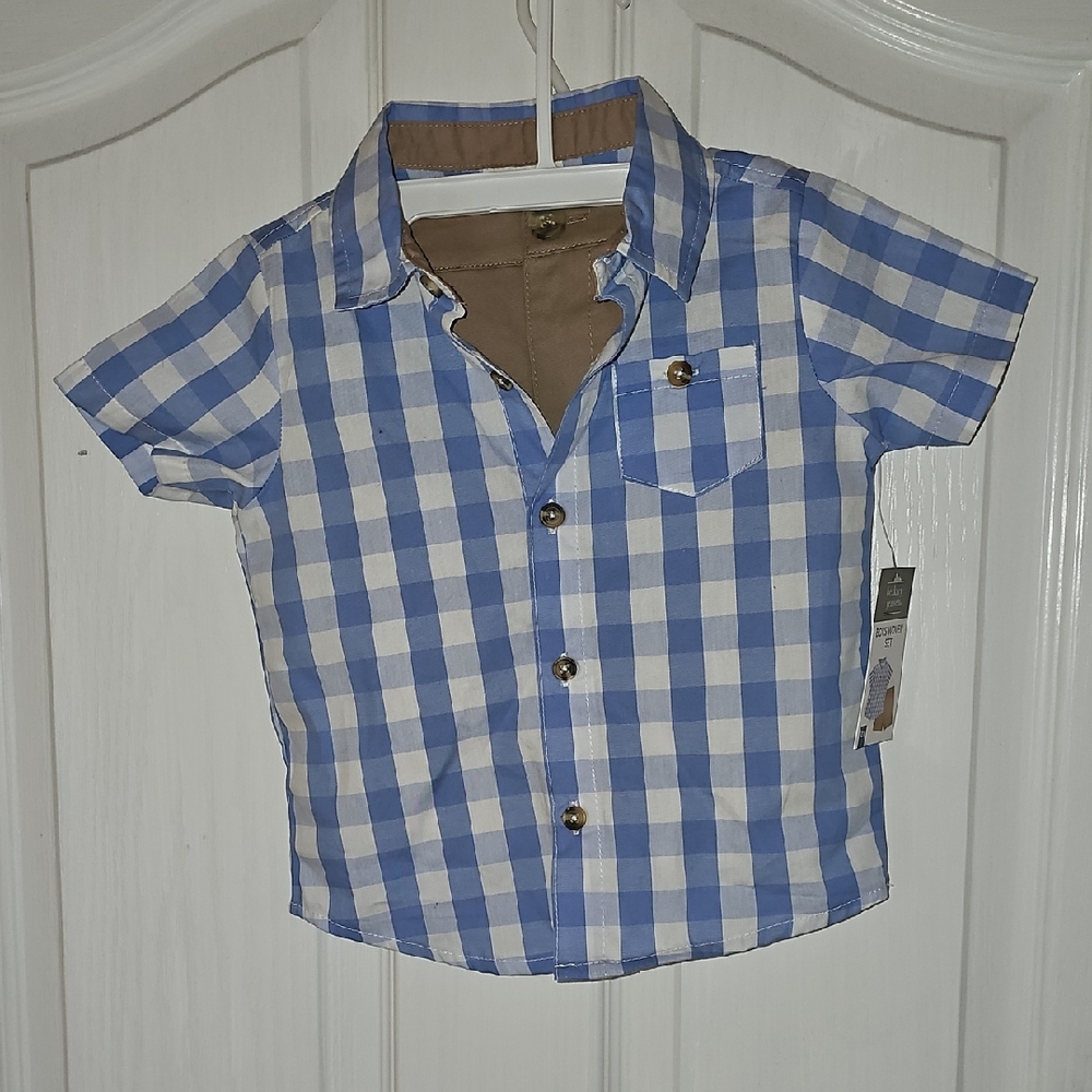 Boys 2 Piece Outfit Blue White Plaid With Kaki Shorts